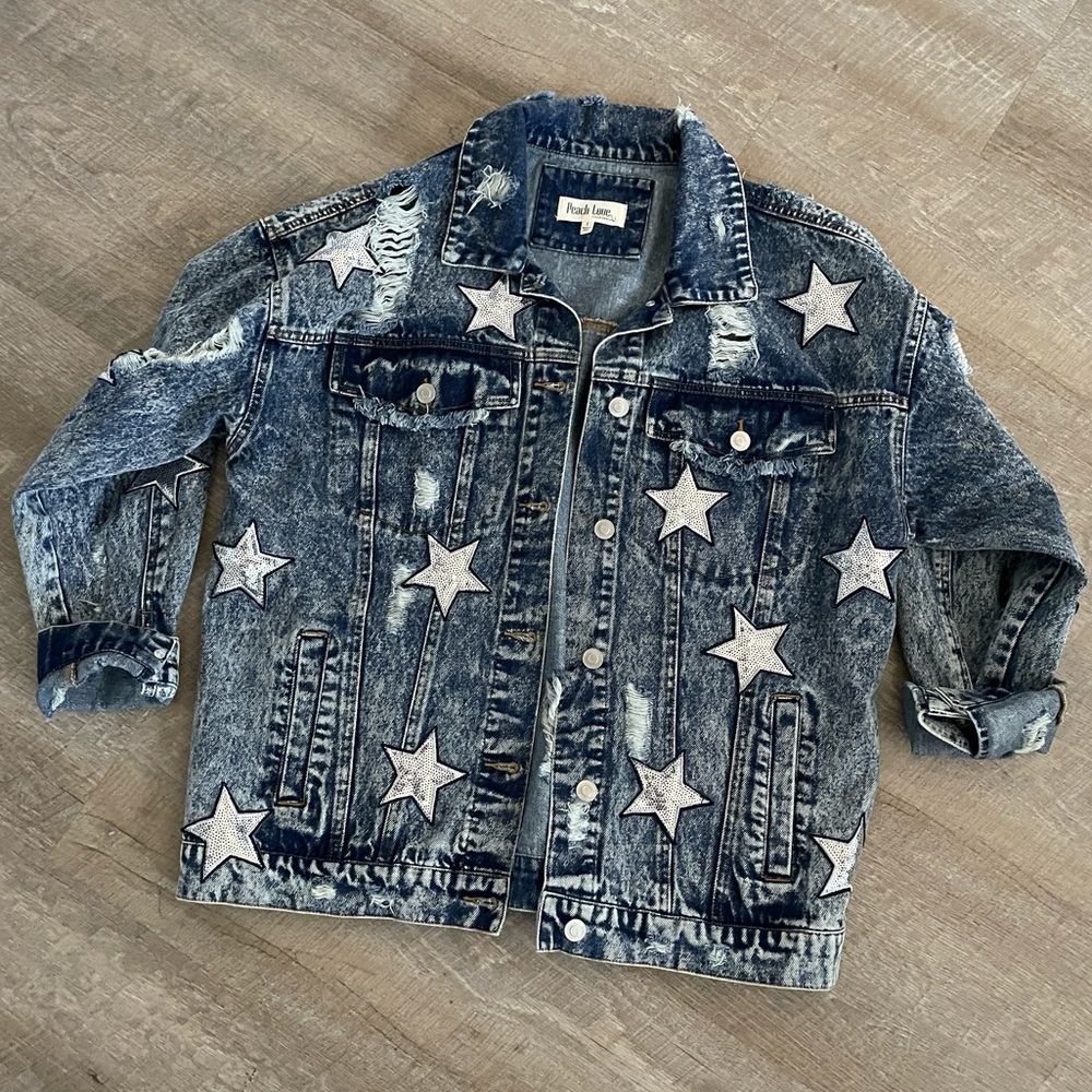 Distressed Star Sequined Oversized Denim Jacket